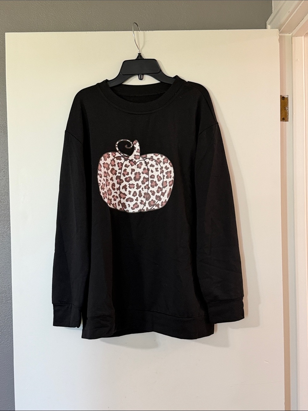 Black Long-Sleeve Tee with Leopard Pumpkin Graphic